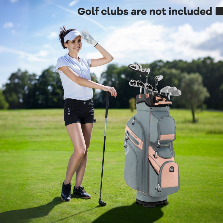 Molded lock top golf cart bag in orange with 14 full-length dividers, shown on the golf course with a golfer.
