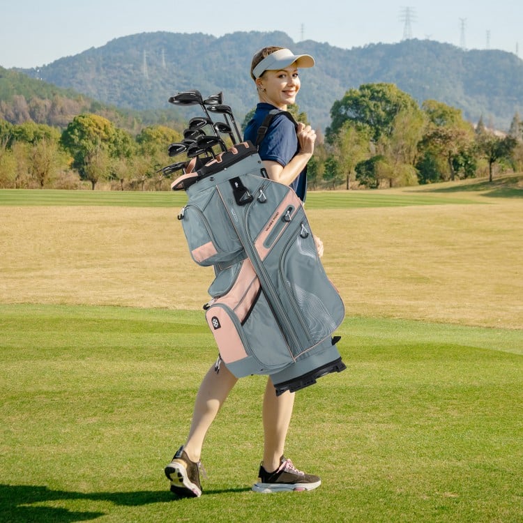 Golf cart bag in gray and orange with 14-way dividers, 11 pockets, and adjustable shoulder strap for easy carrying.