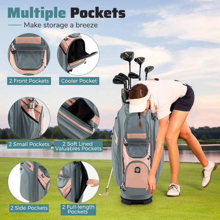 Molded Lock Top Golf Cart Bag in orange with 14-way dividers and multiple pockets for convenient storage on the course.
