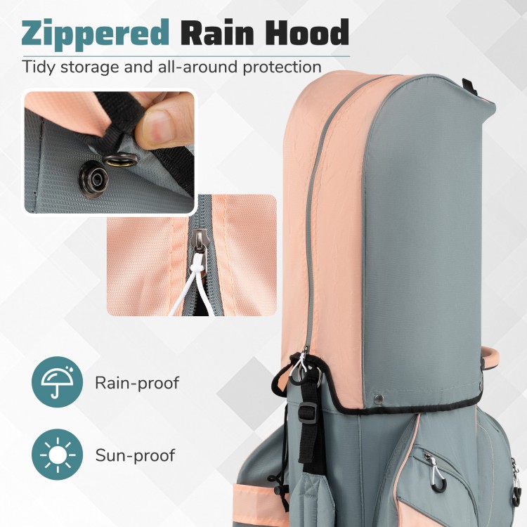 Zippered rain hood on the orange molded lock top golf cart bag provides all-around protection and tidy storage.