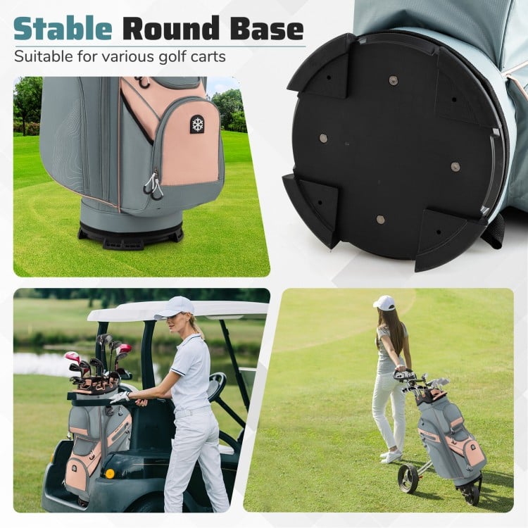 Molded Lock Top Golf Cart Bag with stable round base, 14 full-length dividers, and 11 pockets for organized storage.