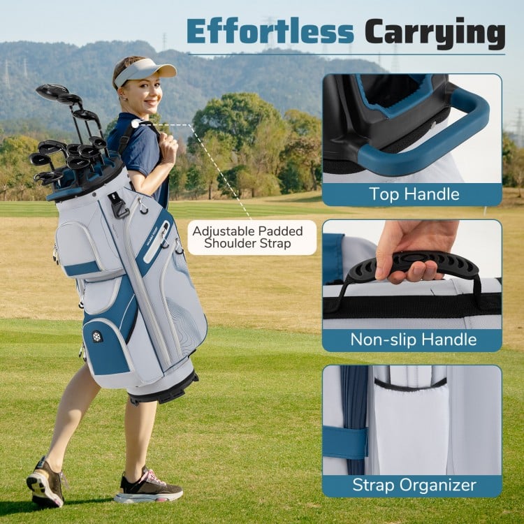 Molded Lock Top Golf Cart Bag in navy with adjustable shoulder strap, top handle, and 14 full-length dividers for easy.