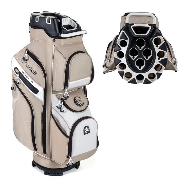 Molded Lock Top Golf Cart Bag in khaki with 14-way dividers and 11 pockets, ideal for organized golf storage.