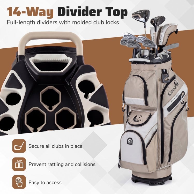 Molded lock top golf cart bag in khaki with 14-way dividers and 11 pockets for secure club storage and easy access.