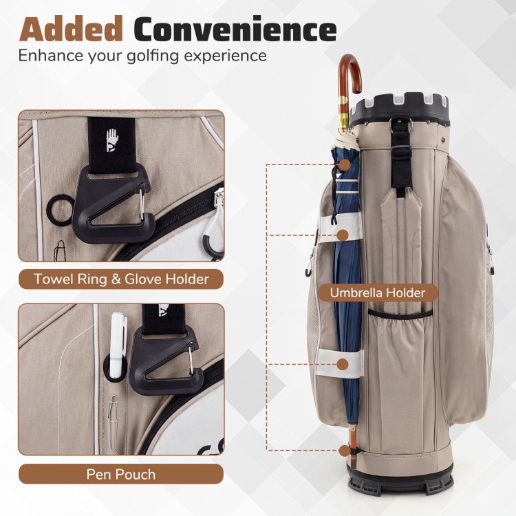 Molded lock top golf cart bag in khaki with 14-way dividers, umbrella holder, and multiple pockets for convenience.