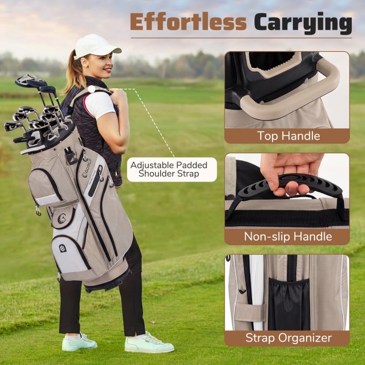 Molded Lock Top Golf Cart Bag in khaki with adjustable shoulder strap, non-slip handle, and 14 full-length dividers.