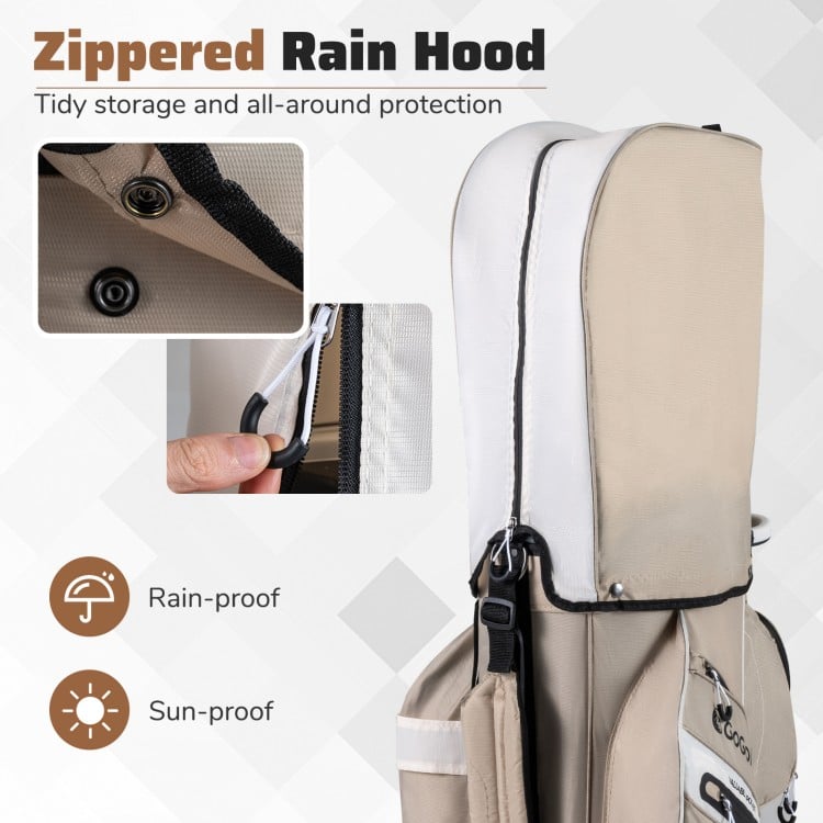 Zippered rain hood detail of khaki molded lock top golf cart bag, offering rain-proof and sun-proof protection.