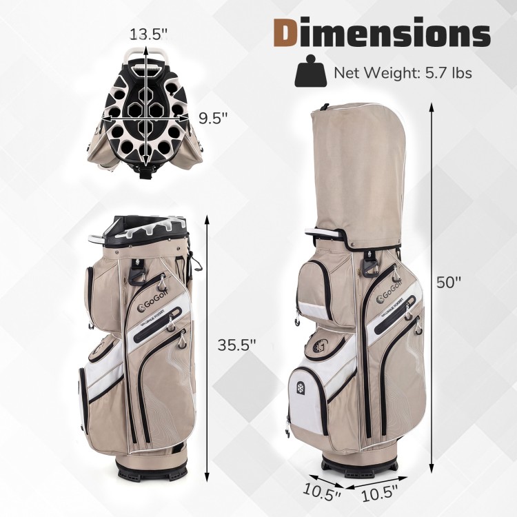 Molded Lock Top Golf Cart Bag in khaki with 14-way dividers, 11 pockets, and adjustable shoulder strap for easy.