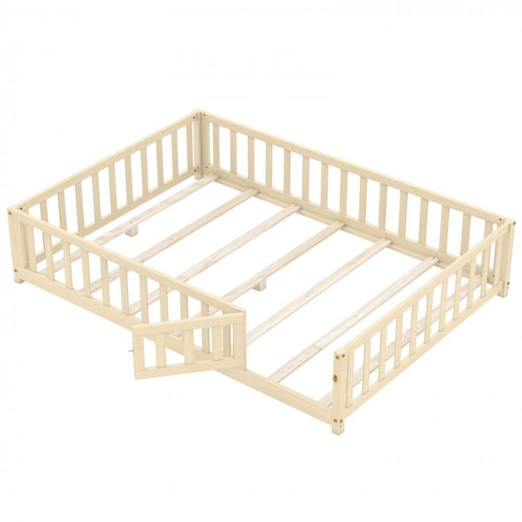 Montessori bed frame showcasing a natural wood finish and sturdy slats, designed for children's safe and independent.