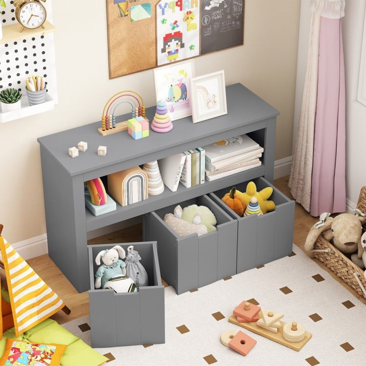 Gray kids toy storage cabinet with open shelves and bins, perfect for organizing playrooms and encouraging independence.