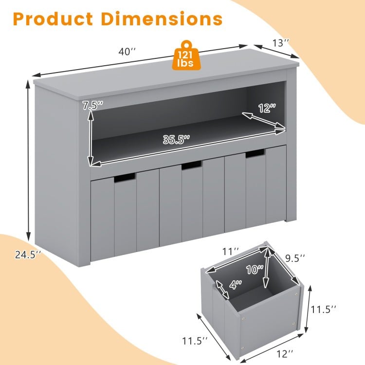 Dimensions of the Montessori Twin Floor Bed and Kids Toy Storage Cabinet Bundle in gray, ideal for organized kids'.
