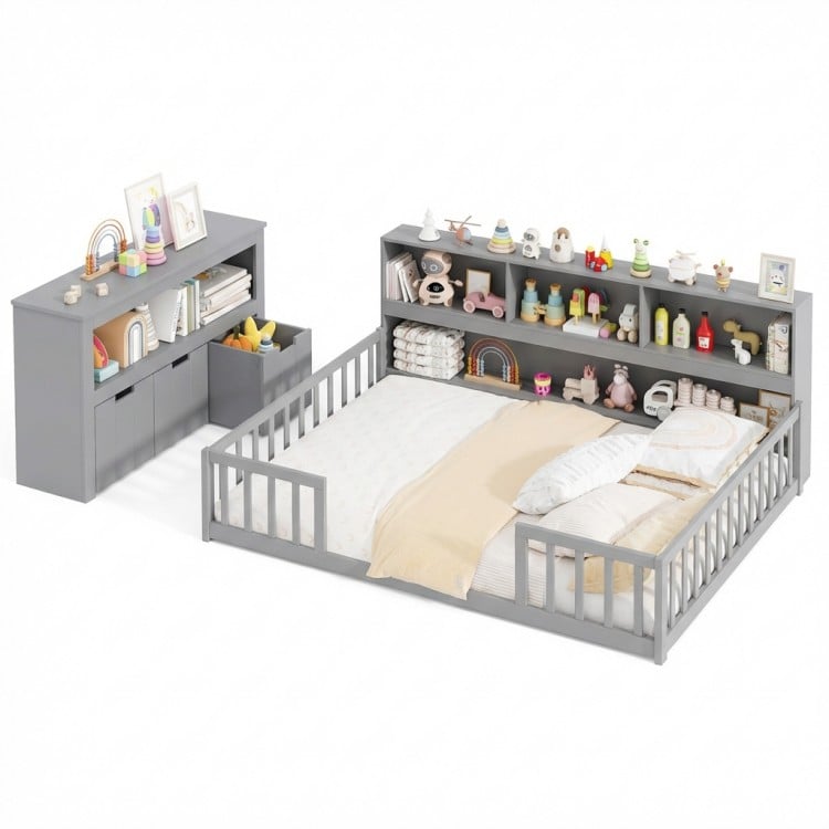 Montessori twin floor bed with storage cabinet in gray, promoting independence and organization for kids' rooms.