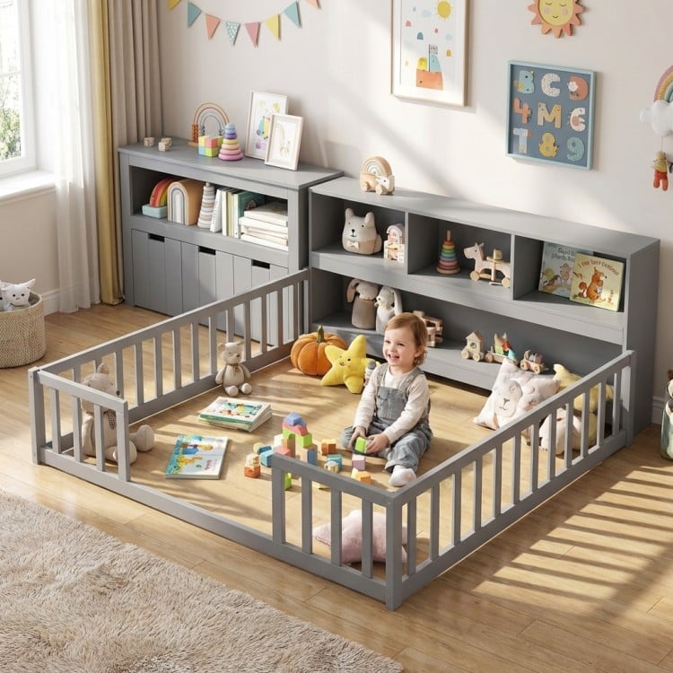 Montessori twin floor bed and toy storage cabinet in gray, creating a stylish play area for kids' independence and.
