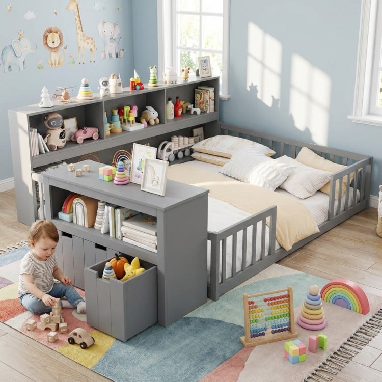 Montessori twin floor bed with toy storage cabinet in gray, perfect for kids' bedrooms and playrooms.