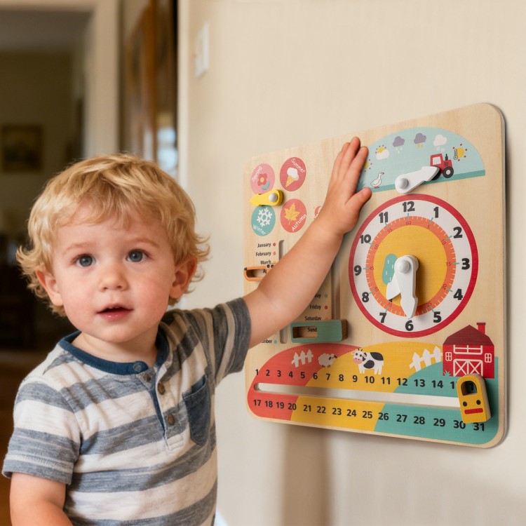 Montessori wooden educational clock toy for toddlers, featuring colorful sliders and seasonal themes, mounted on a wall.