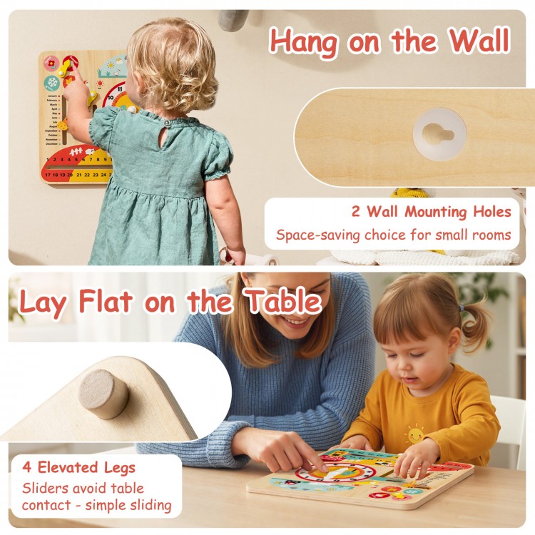 Montessori wooden educational clock toy with cartoon sliders, designed for wall hanging or flat table use for toddlers.