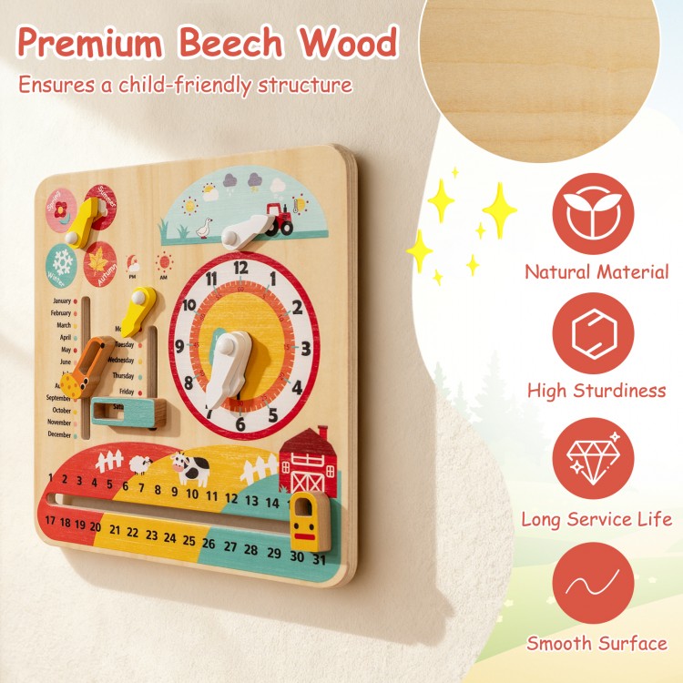 Montessori wooden educational clock toy made of premium beech wood, designed for toddlers' learning and fun.