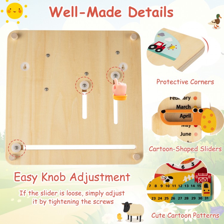 Montessori wooden educational clock toy with cartoon-shaped sliders, protective corners, and smooth surface for.