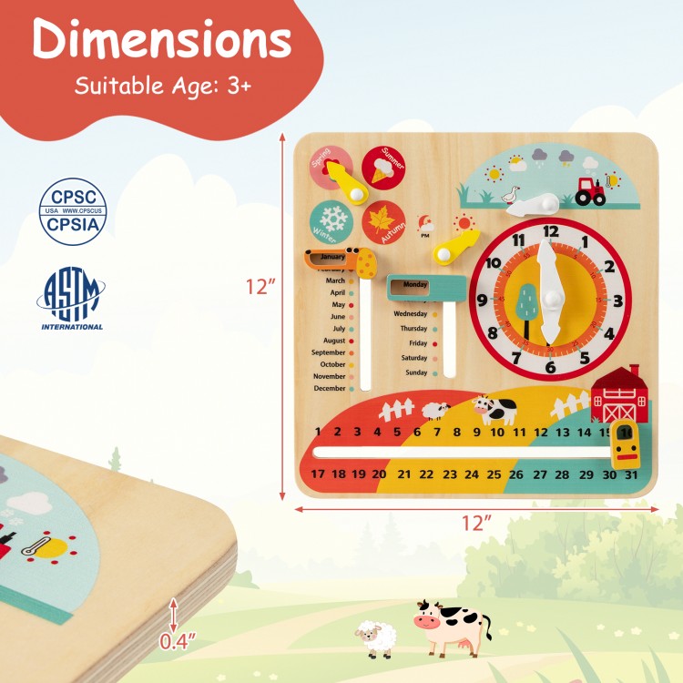 Montessori wooden educational clock toy with cartoon sliders, designed for toddlers' learning and motor skill.