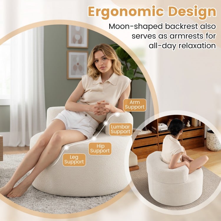 Moon-shaped floor single sofa chair in soft teddy fleece beige, featuring ergonomic support for all-day relaxation.