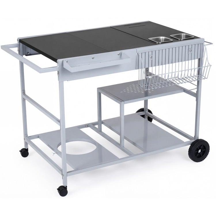 Movable grill table with spacious black tabletop, stainless steel condiment caddies, and multiple storage shelves for.