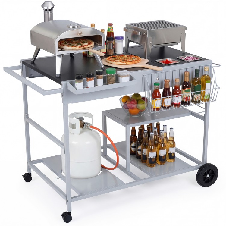 Movable grill table with spacious tabletop, stainless steel condiment caddies, and storage for backyard BBQs.