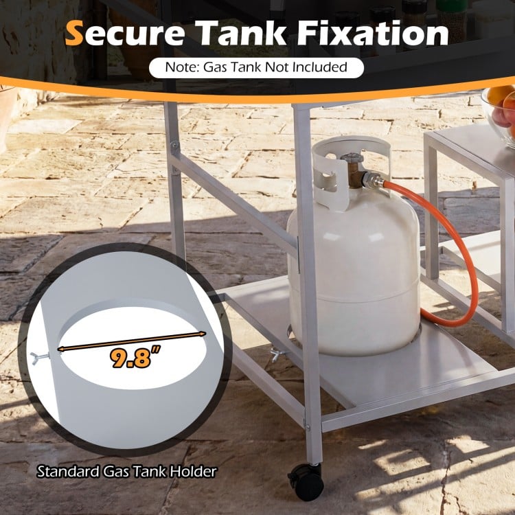 Movable grill table featuring a built-in gas tank holder for secure fixation, ideal for backyard BBQs and picnics.