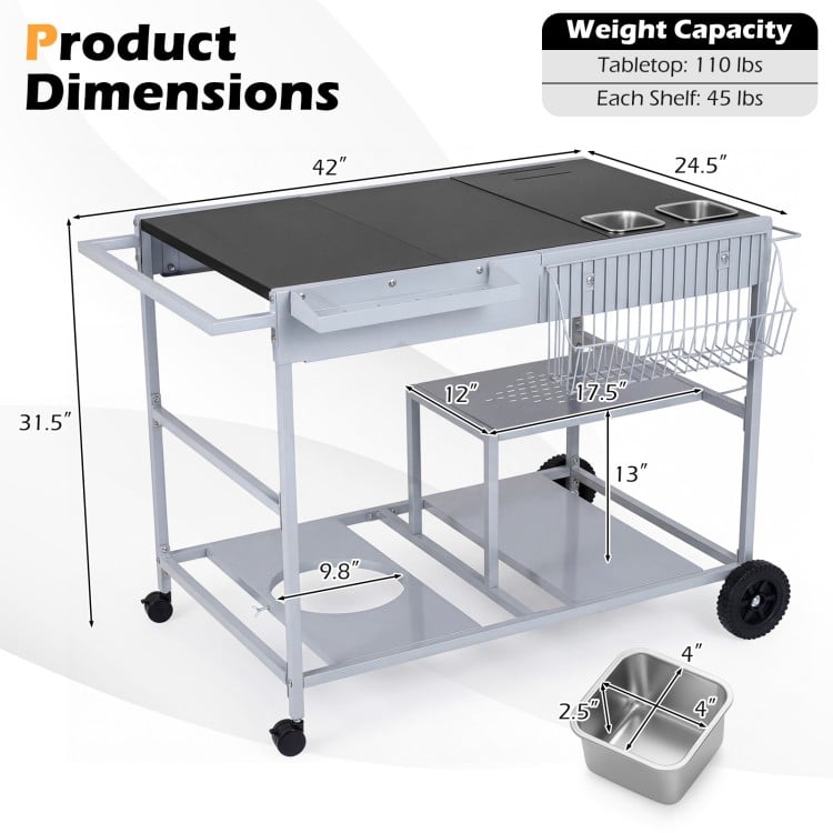 Movable grill table with spacious black tabletop, stainless steel spice containers, and sturdy metal frame for BBQs.