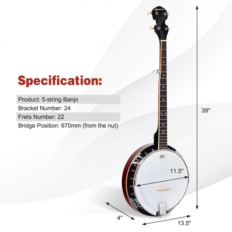 5-string geared tunable banjo with a solid plywood frame, 24 adjustable brackets, and removable rear cover for.