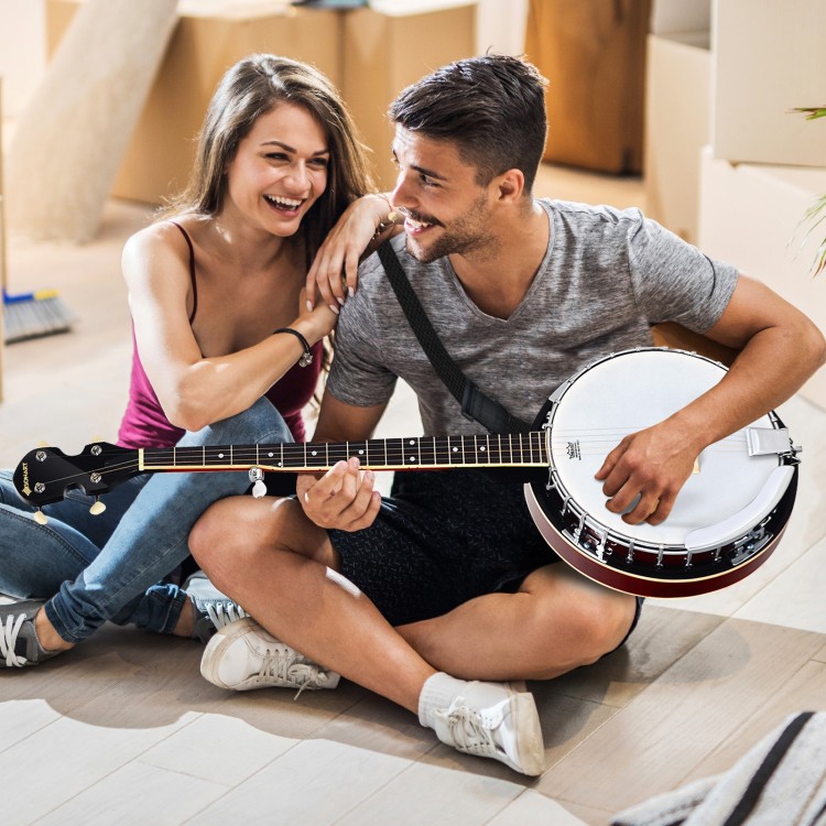 5-string geared tunable banjo with case, featuring a durable plywood frame, ideal for country and bluegrass music.