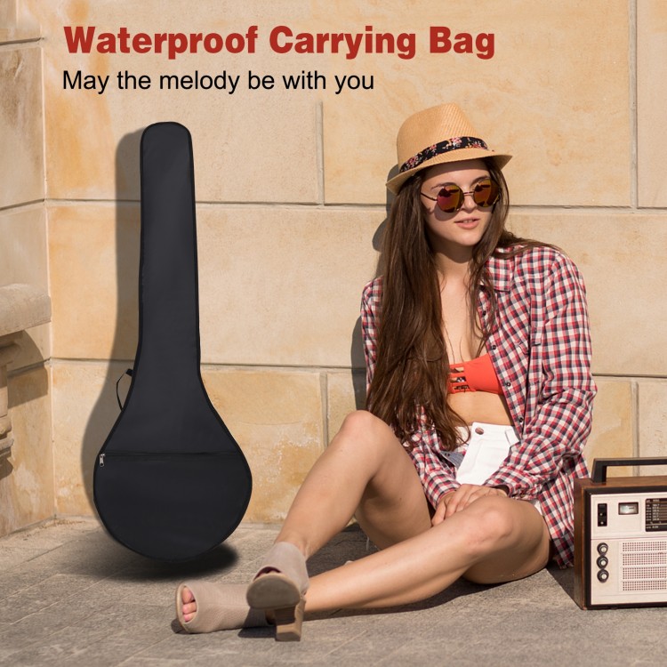 5-string geared tunable banjo in a waterproof carrying bag, ideal for country and bluegrass music.