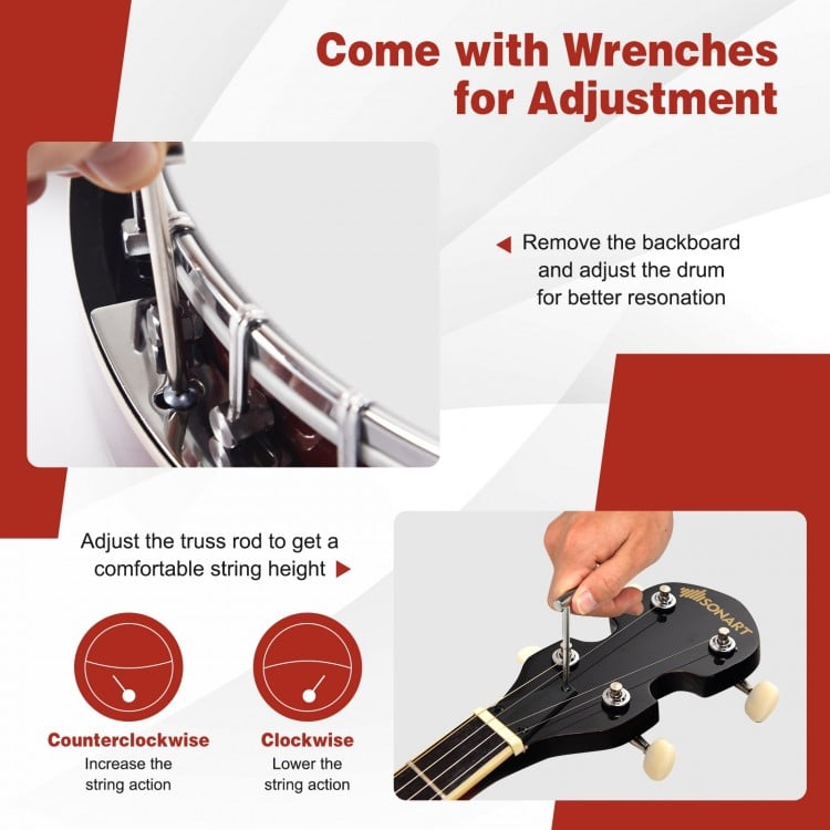 5-string geared tunable banjo with adjustable brackets and removable back cover for enhanced sound quality.