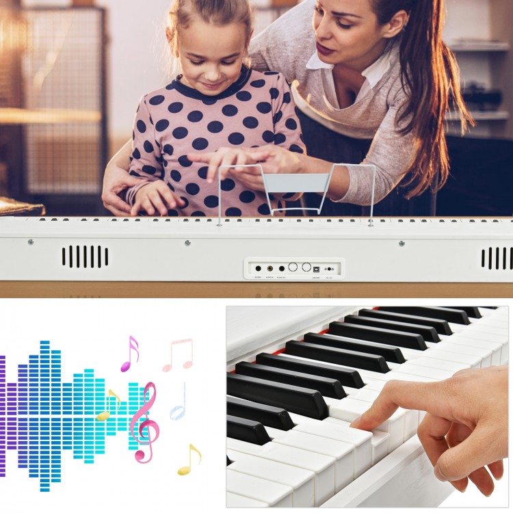 88-key weighted digital piano in white with dual-tone modes, built-in speakers, and MIDI/USB interface for versatile.