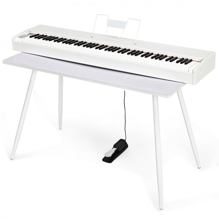 88-key white digital piano with weighted keyboard, sustain pedal, and dual-tone modes for versatile music creation.