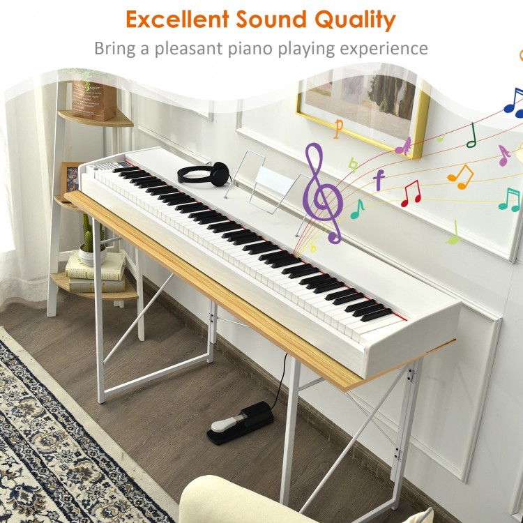 88-key weighted digital piano in white with dual-tone modes, built-in speakers, and sustain pedal for enhanced playing.