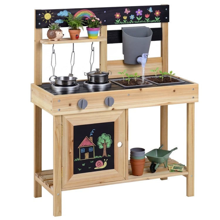 Mud kitchen playset for kids featuring 2 removable sinks, water faucet, and premium fir wood for outdoor play.