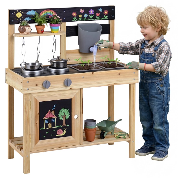 Kids play kitchen outdoor set in natural fir wood with removable sinks, stoves, and water box for imaginative play.