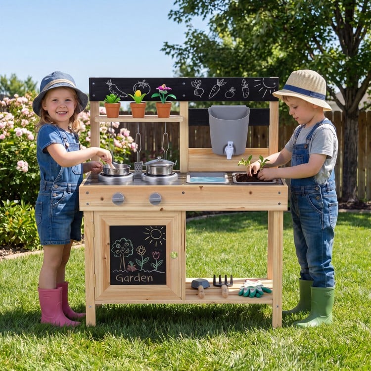 Kids playing with the Mud Kitchen Playset featuring removable sinks, stoves, and a water box for outdoor fun.