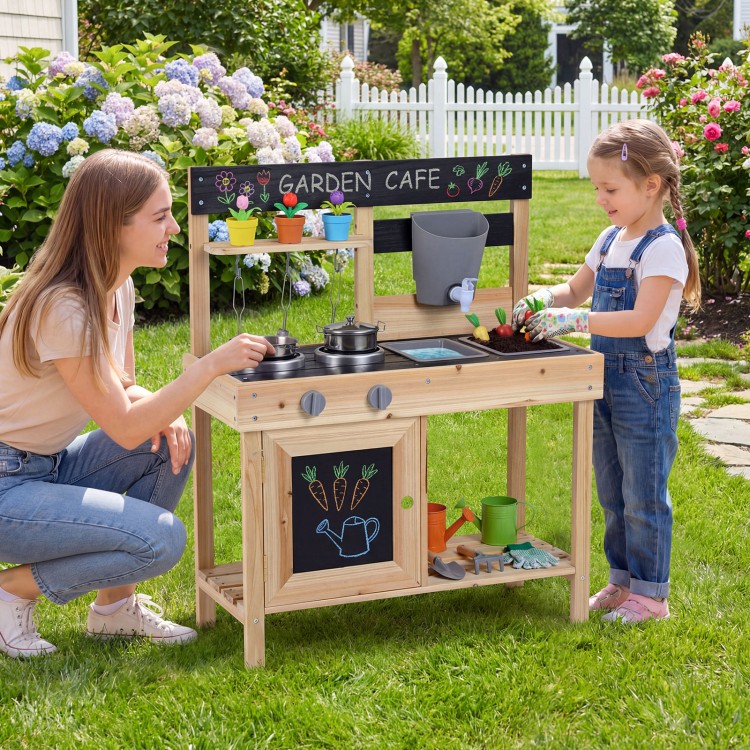 Kids play kitchen outdoor set featuring a wooden mud kitchen with removable sinks and stoves for imaginative play.