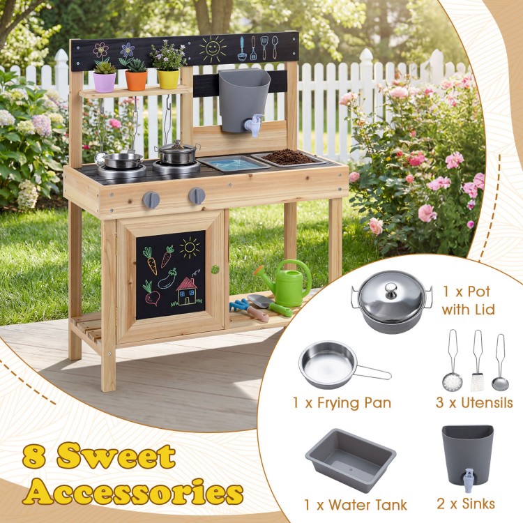 Mud kitchen playset for kids with 2 removable sinks, stoves, and water box, made of premium fir wood for outdoor fun.