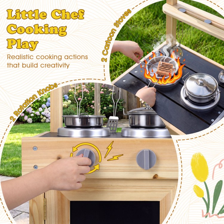 Kids play kitchen featuring two stoves with knobs, removable sinks, and kitchenware for outdoor cooking fun.