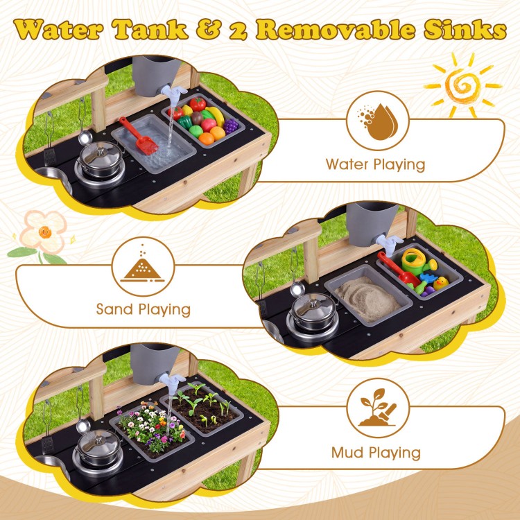 Mud kitchen playset with removable sinks, water box, and stoves for outdoor creative play and imaginative cooking.