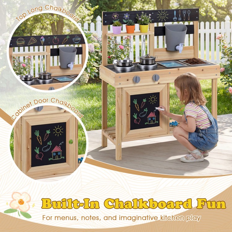 Mud kitchen playset with removable sinks, wooden construction, and chalkboard for creative outdoor play.