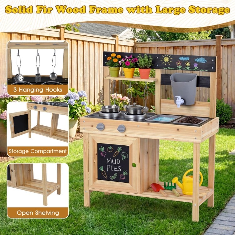 Mud kitchen playset featuring a solid fir wood frame, two removable sinks, and open shelving for outdoor play.