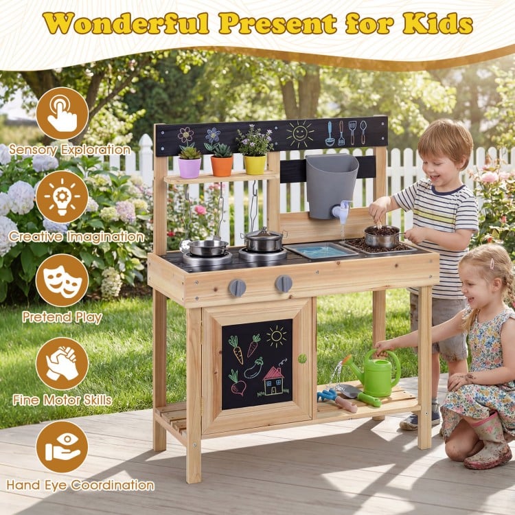 Mud kitchen playset for kids featuring removable sinks, stoves, and kitchenware, promoting creativity and outdoor play.