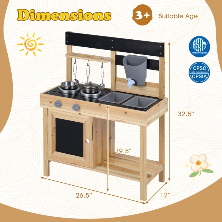 Mud kitchen playset for kids featuring 2 removable sinks, stoves, and storage, made of premium fir wood for outdoor fun.