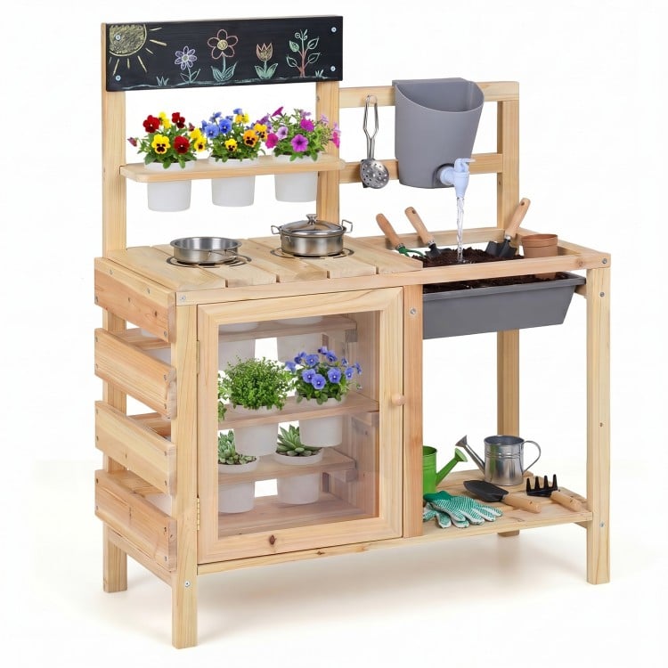 Mud kitchen playset with sink, stainless steel kitchenware, and 12 plant cups for outdoor fun and gardening activities.