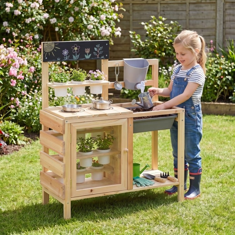 Mud kitchen playset with sink, plant observation room, and stainless steel kitchenware for outdoor play and gardening.