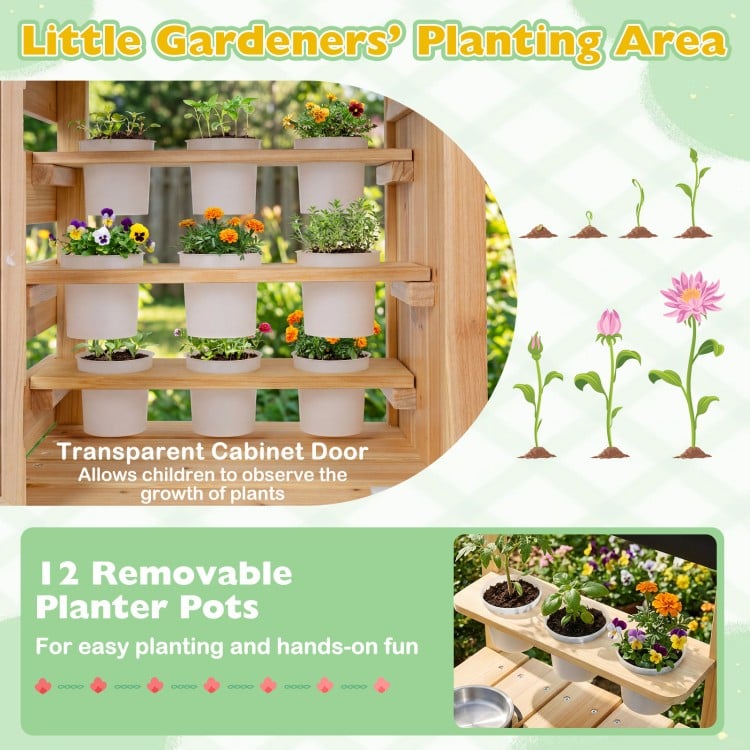 Mud kitchen playset with sink, 12 removable planter pots, and transparent observation room for outdoor fun.