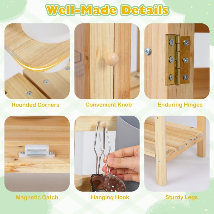 Close-up of the Mud Kitchen Playset's sturdy legs and enduring hinges, crafted from high-quality fir wood for.